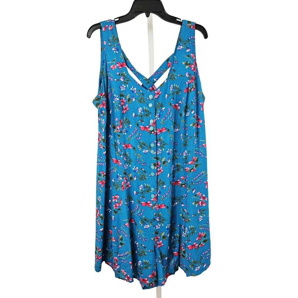 Vintage Joni Blair Size 20 Women's 90s Teal Floral Romper Jumpsuit Shorts